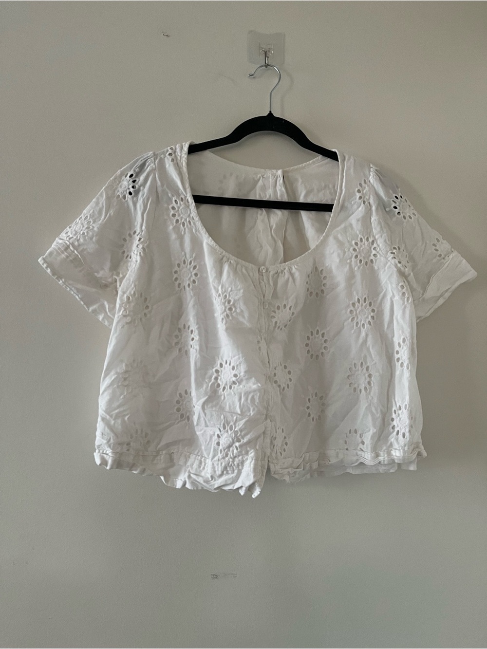White 100% Cotton Eyelet Cropped Blouse 1X Cottagecore Euro Summer Prairie